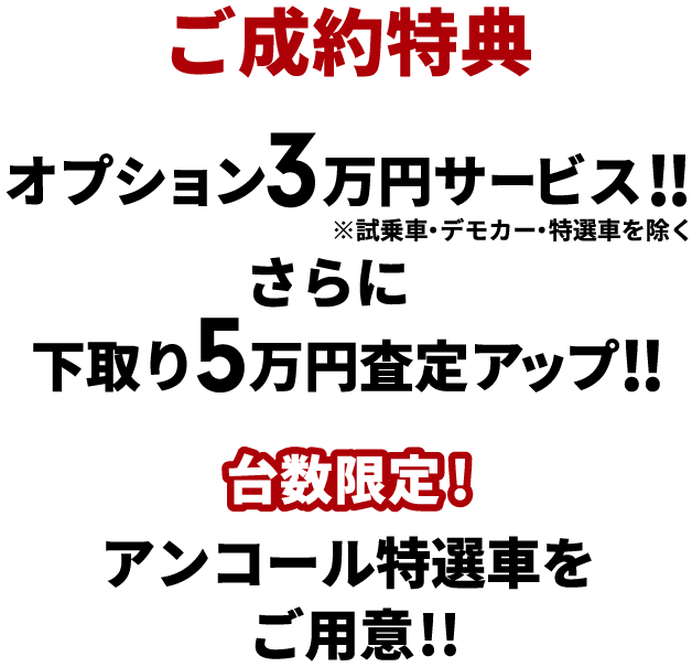 ご成約特典 オプション3万円サービス!!※試乗車・デモカー・特選車を除く さらに下取り5万円査定アップ!! 台数限定!アンコール特選車をご用意!!