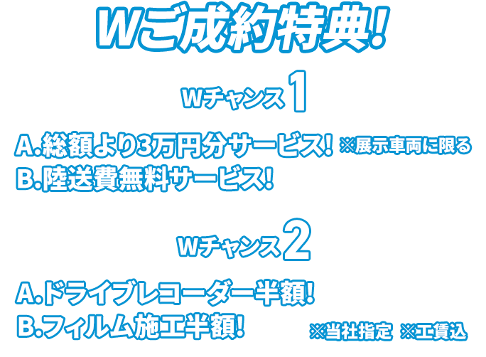 Wご成約特典 Wチャンス1 A.総額より3万円分サービス!※展示車両に限る B.陸送費無料サービス! Wチャンス2 A.ドライブレコーダー半額! B.フィルム施工半額!※当社指定 ※工賃込